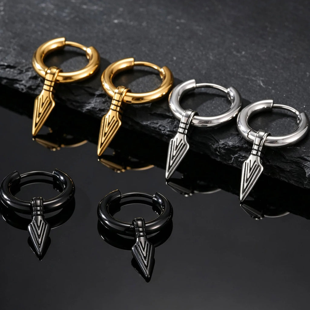 Viking Spearhead Dangle Hoop Earrings — Stainless Steel