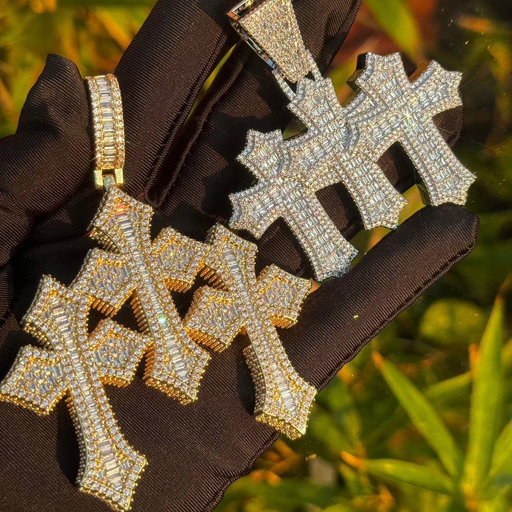 Cross Pendant Necklace Iced Out Three Baguette