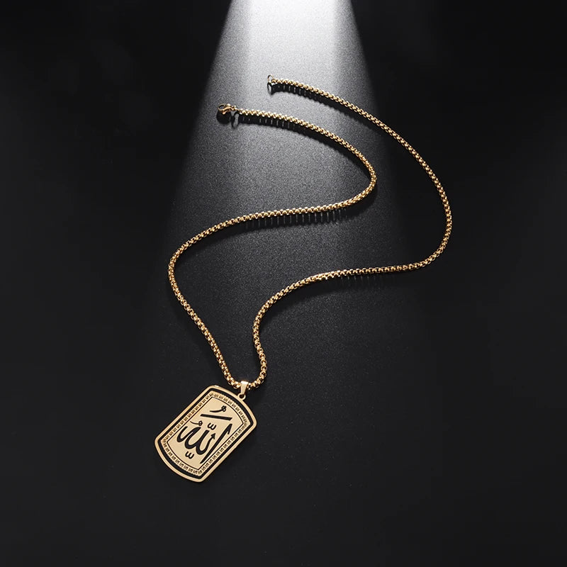 Allah Scripture Round Medal Pendant Stainless Steel Necklace Mens Islamic Jewelry Amulets Muslim Gifts