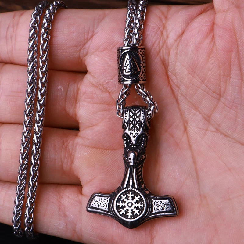 Multi Style Beaded Viking Thor's Hammer Pendant Necklace Stainless Steel Necklace Men Biker Mjolnir Amulet Jewelry