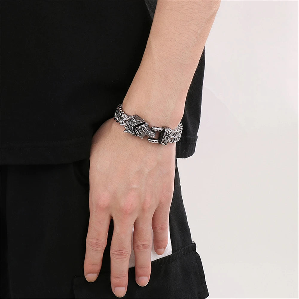 Retro Vikings Bear Norse Wolf Bracelets Men Punk Stainless Steel Mesh Chain Snake Eagle Animal Biker Wristband