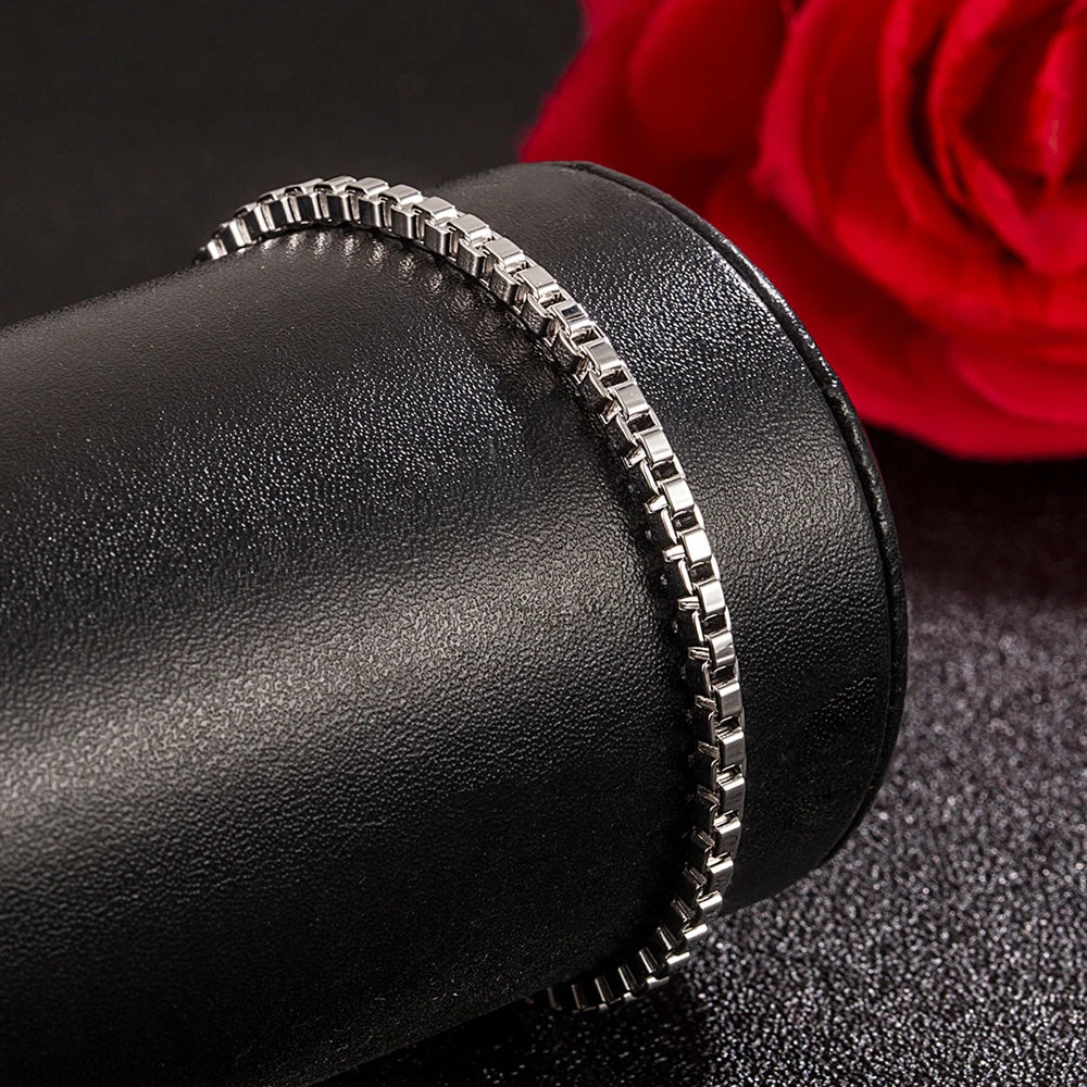 100% Solid 925 Sterling Silver Box Chain Bracelet Unisex Bangle For Men & Women Thoughtful Jewelry Gift for Birthdays/Holidays