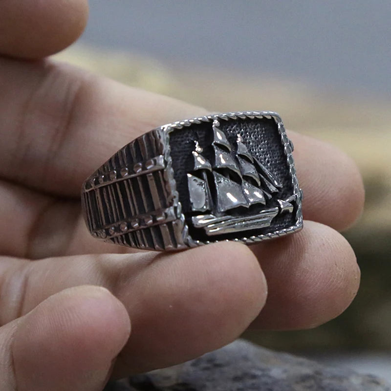 Vintage Pirate Sailboat Viking Ring Men's Stainless Steel Biker Ring Cool Male Gothic Sailor Lucky Amulet Jewelry Wholesale