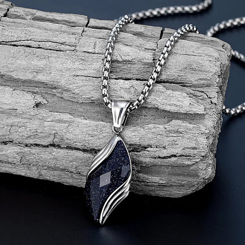 Stylish Blue Sandstone Necklace for Men,Stainless Steel Black Agate Angel Eye Pendant Necklace,Trendy Gifts to Him Boys