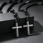 Retro Natural Stone Black Hematite Beaded Necklace Cross Pendant Beads Chain Long Necklace for Men Stylish Religious Jewelry