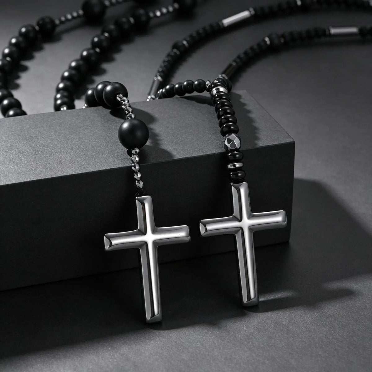 Retro Natural Stone Black Hematite Beaded Necklace Cross Pendant Beads Chain Long Necklace for Men Stylish Religious Jewelry