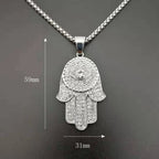 New Men's Fashion Titanium Steel Gold Plated Full Rhinestones Hand of Fatima Pendant Necklace Religious Personality Jewelry