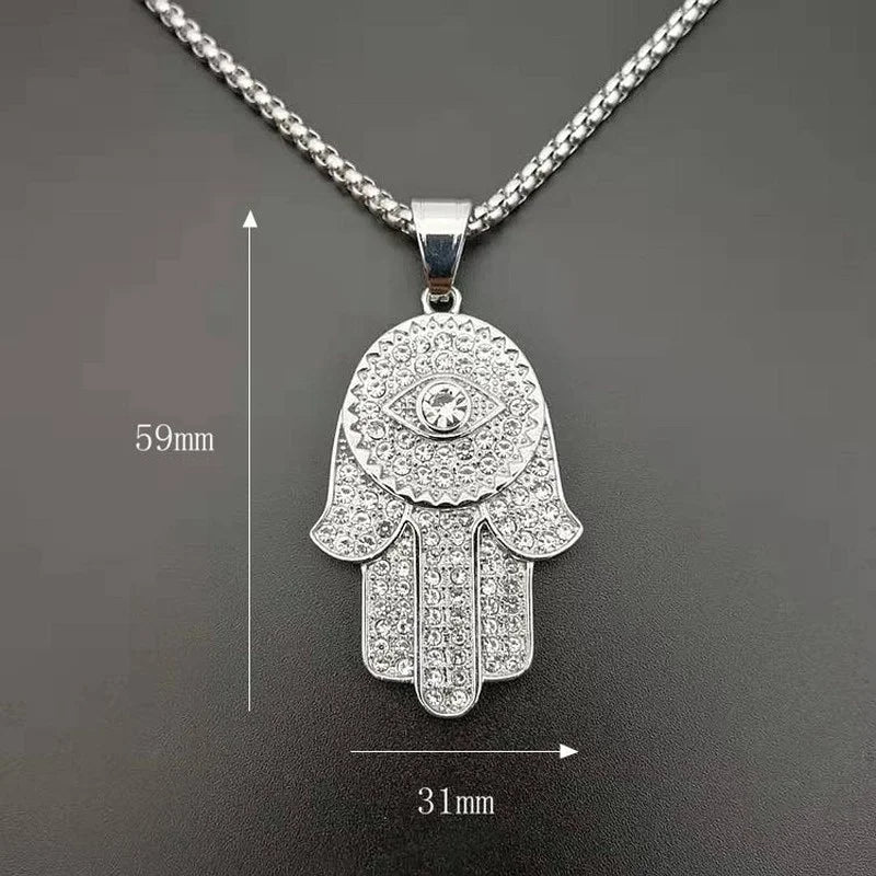 New Men's Fashion Titanium Steel Gold Plated Full Rhinestones Hand of Fatima Pendant Necklace Religious Personality Jewelry
