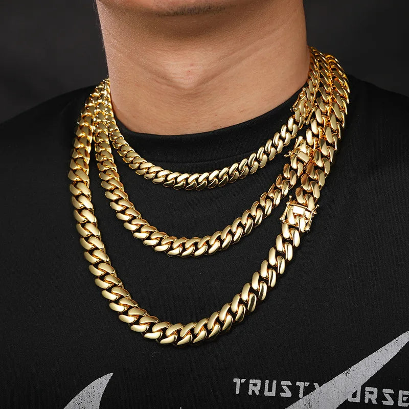 Luxury 24K 9999 Pure Gold real gold Men's 10MM 12mm width smooth large Cuban chain butterfly buckle necklace