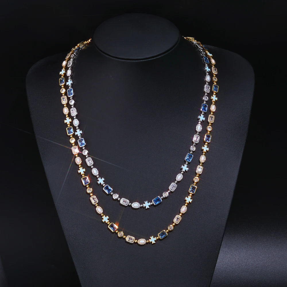 Cross Chain Necklace Iced Out Colorful Gemstone