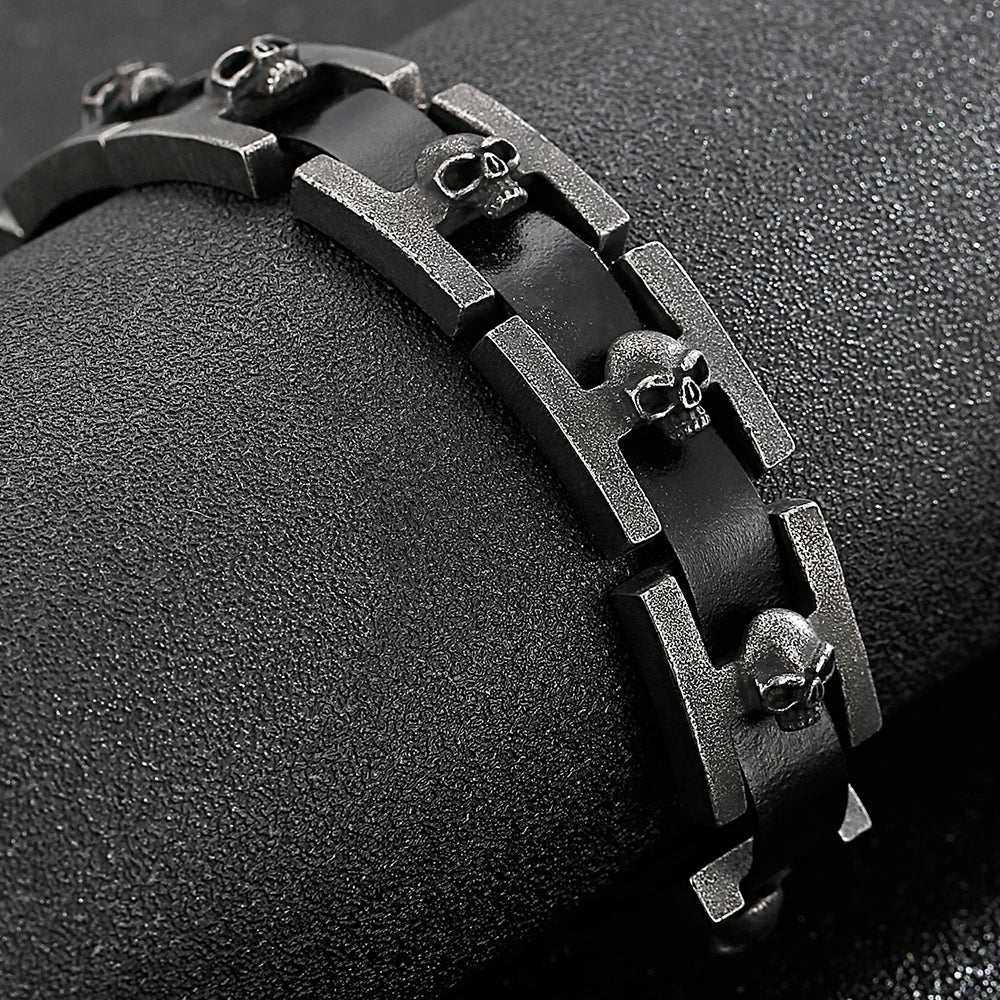 Punk Gothic Men's Skull Bracelet Distressed 316L Stainless Steel & Leather Wrap Bracelet for Men With Watch Strap Clasp