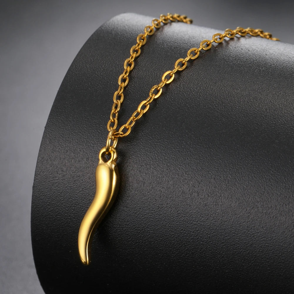 Italian Horn Amulet Pendant Necklace — Steel
