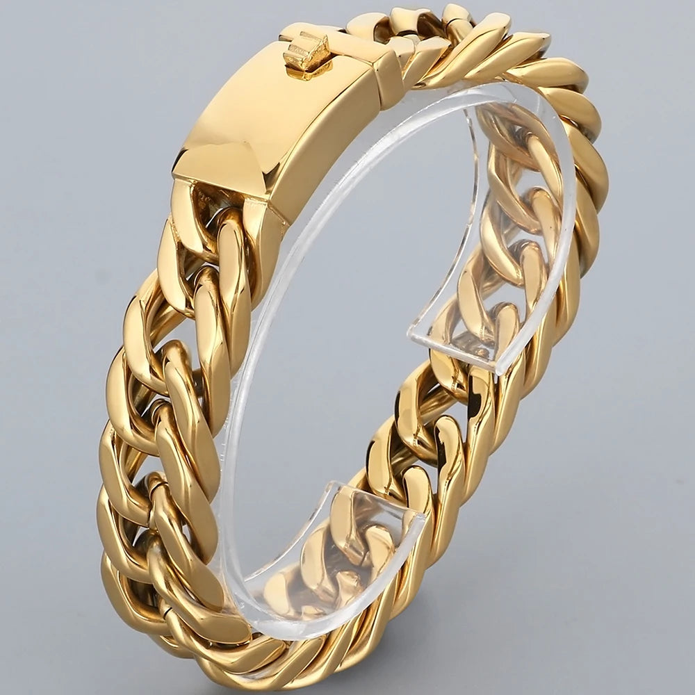 12/15MM Width Cuban Link Chain Bracelet For Man Waterproof Black/Gold Color Stainless Steel Bracelets Valentines
