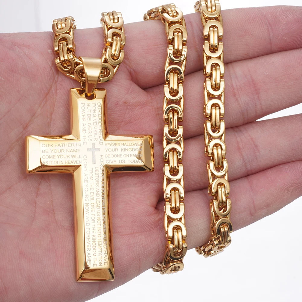 Bible Cross Pendant Necklace Byzantine Chain — Stainless Steel