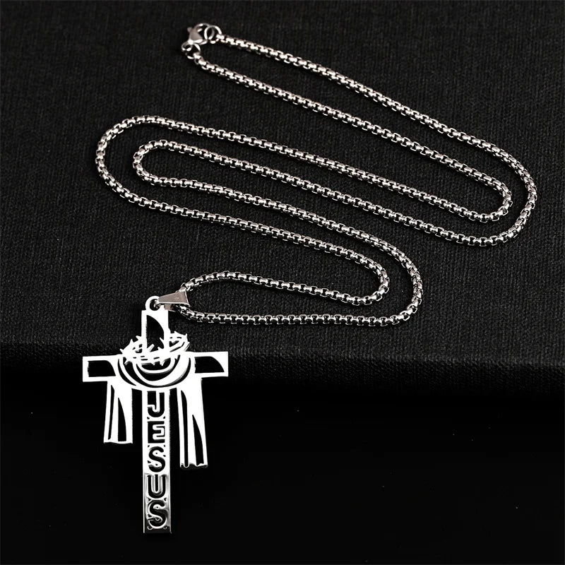 Stainless steel Thorn Jesus Cross Necklace for men's casual religious Cross pendant necklace jewelry