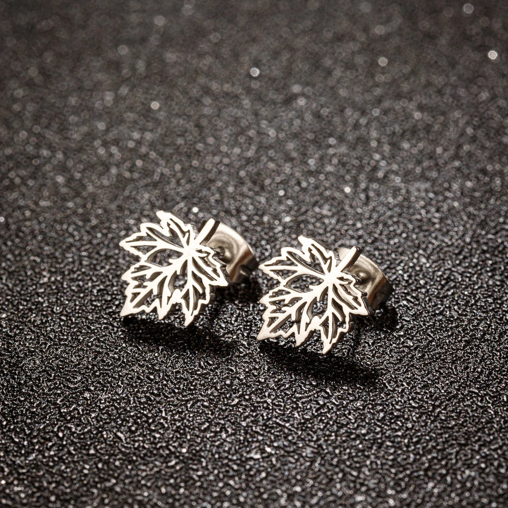 Hollow Maple Leaf Stud Earrings Classic Simple — Stainless Steel