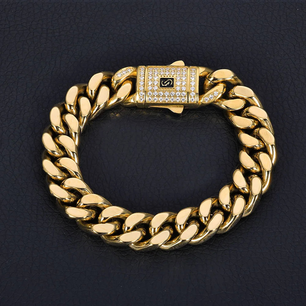 Black Cuban Bracelet Stainless Steel 14K Gold 6-13MM