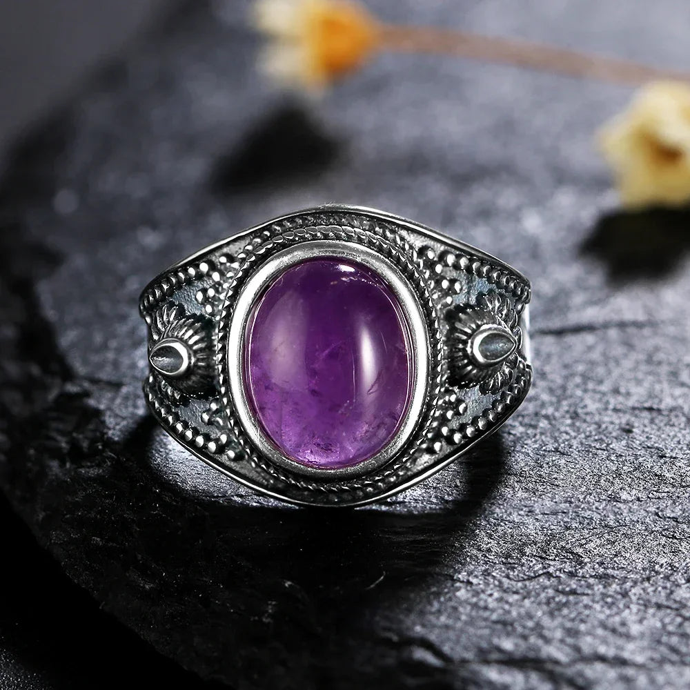 Silver Vintage Ring Oval 8x10MM Natural Tiger's Eye Stone Ring for Men Women Gift Luxury Rhodochrosite Jewelry