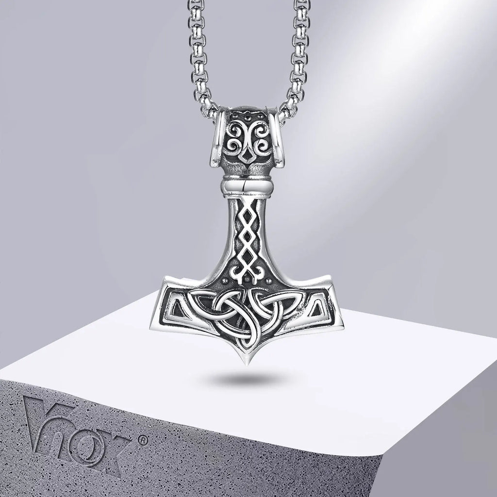 Vnox Vintage Men Norse Viking Necklaces,Rock Punk Retro Thor Mjolnir Hammer Pendant,Scandinavian Nodic Amulet Rune Neck