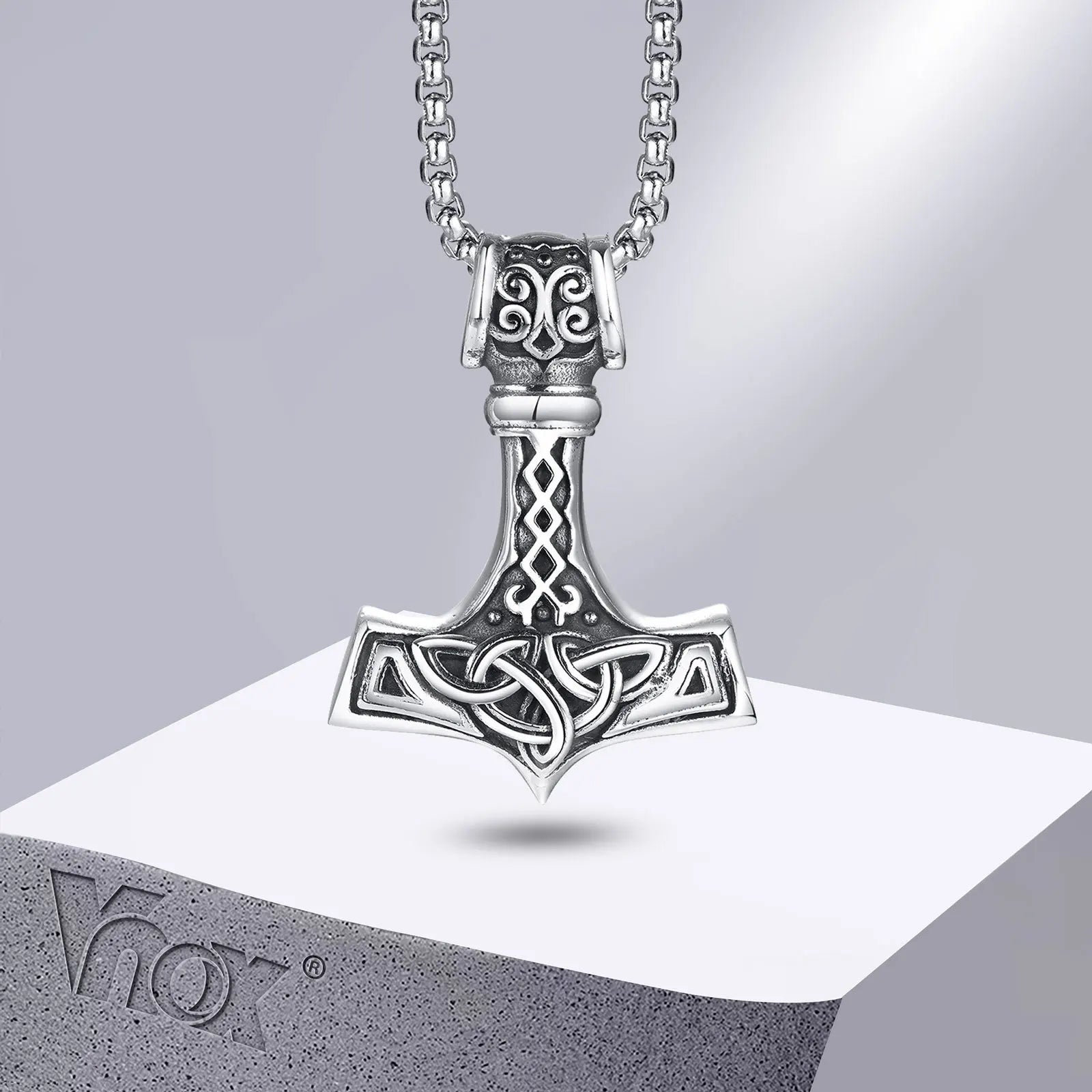 Vnox Vintage Men Norse Viking Necklaces,Rock Punk Retro Thor Mjolnir Hammer Pendant,Scandinavian Nodic Amulet Rune Neck