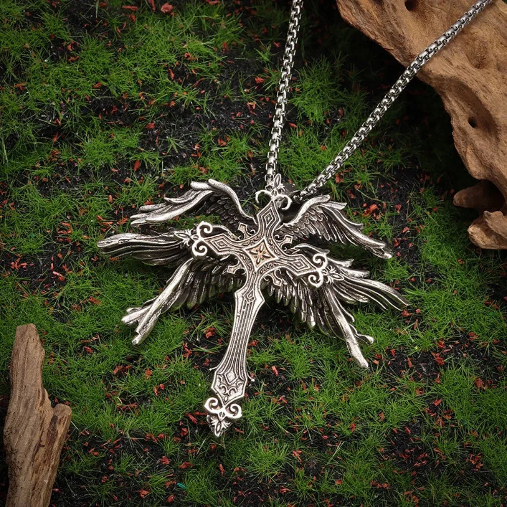 Retro Gothic Jesus Wings Cross Pendant Necklace Jewelry for Men Women Large Vintage Dark Punk Religious Amulet
