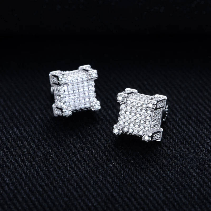 Iced Out Square Stud Earrings — 925 Silver