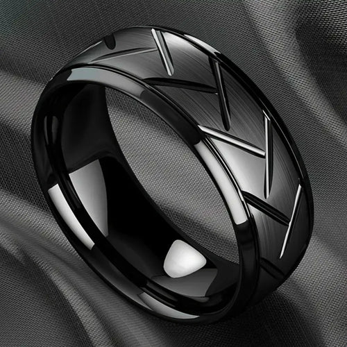 Black Multi-Faceted Groove Ring — Stainless Steel