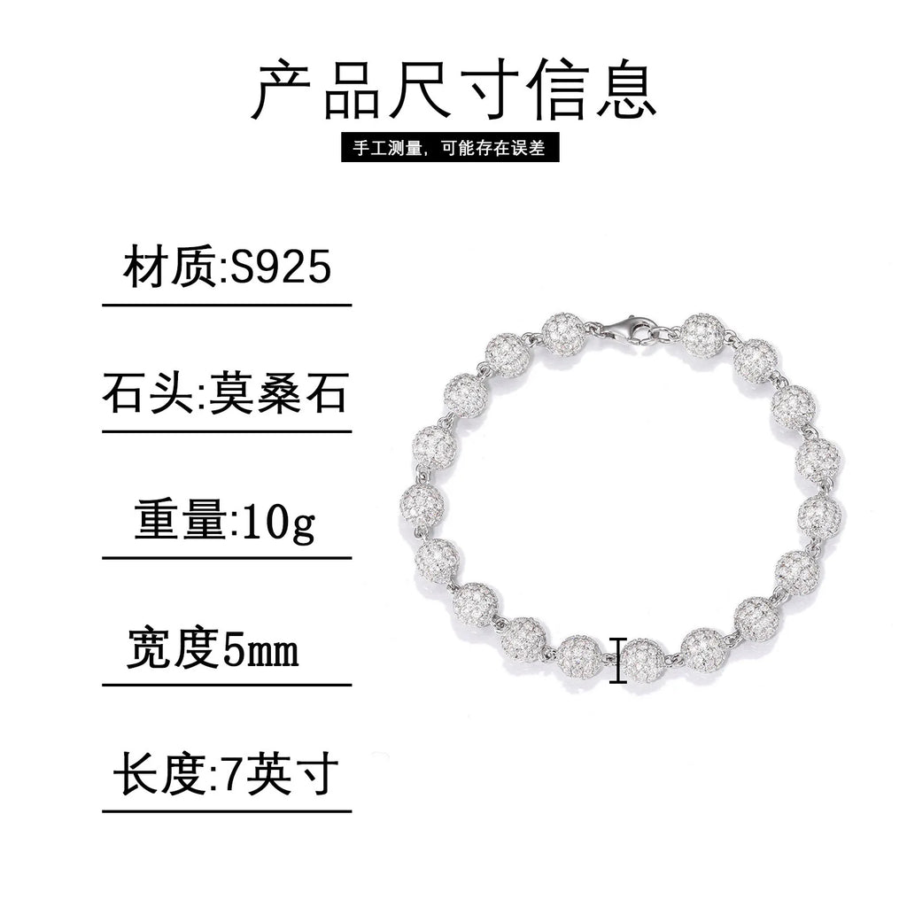 Silver and Moissanite Beads Link Chain Bracelets Women Men Hip Hop Bling Ice Out Rapper Jewelry