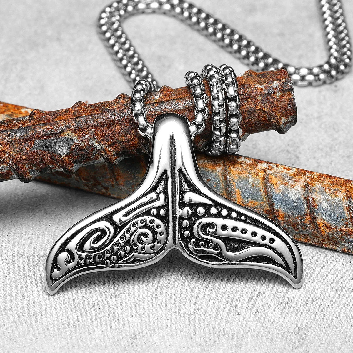 Retro Viking Whale Tail Men Necklace With Pendant Stainless Steel Jewelry For Male Women Punk Carving Accessories Gift Wholesale
