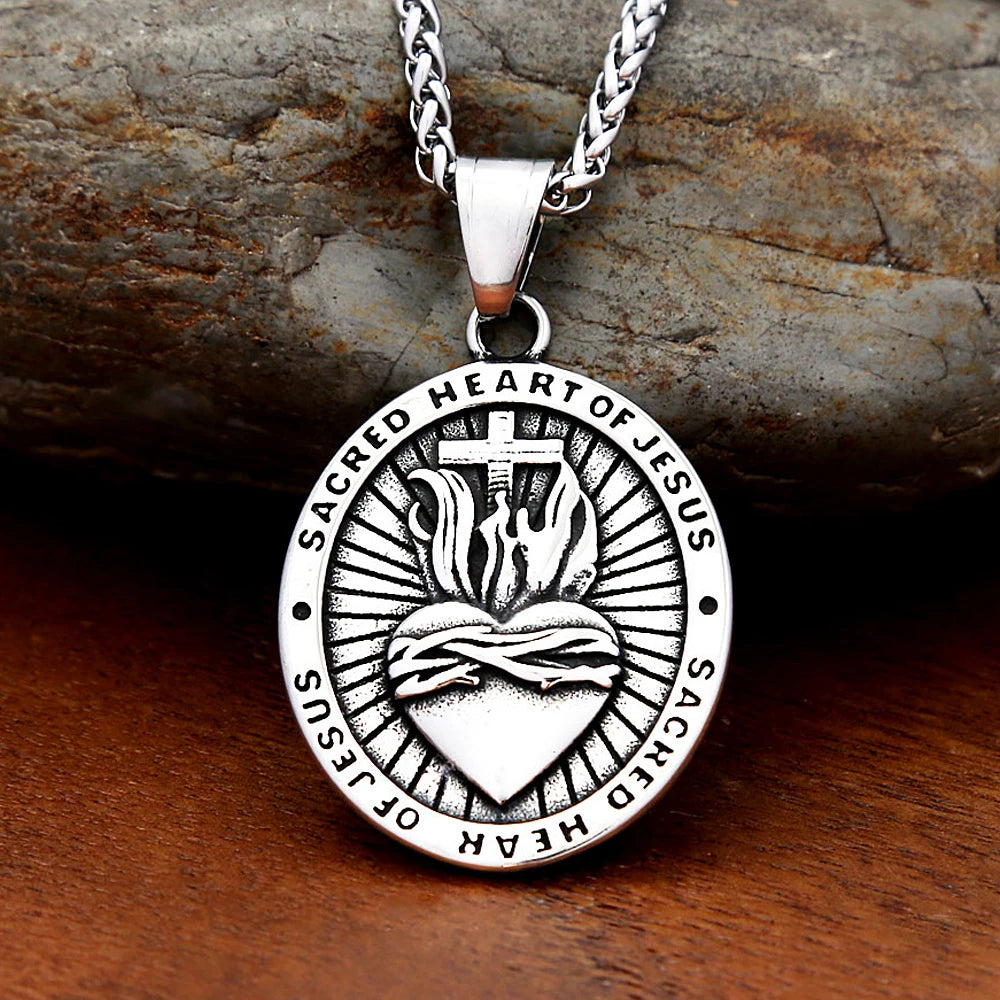 Men's Heart of Jesus Pendant Necklace For Men Women 316L Stainless Steel Religious Cross Amulet Jewelry Gifts Fashion
