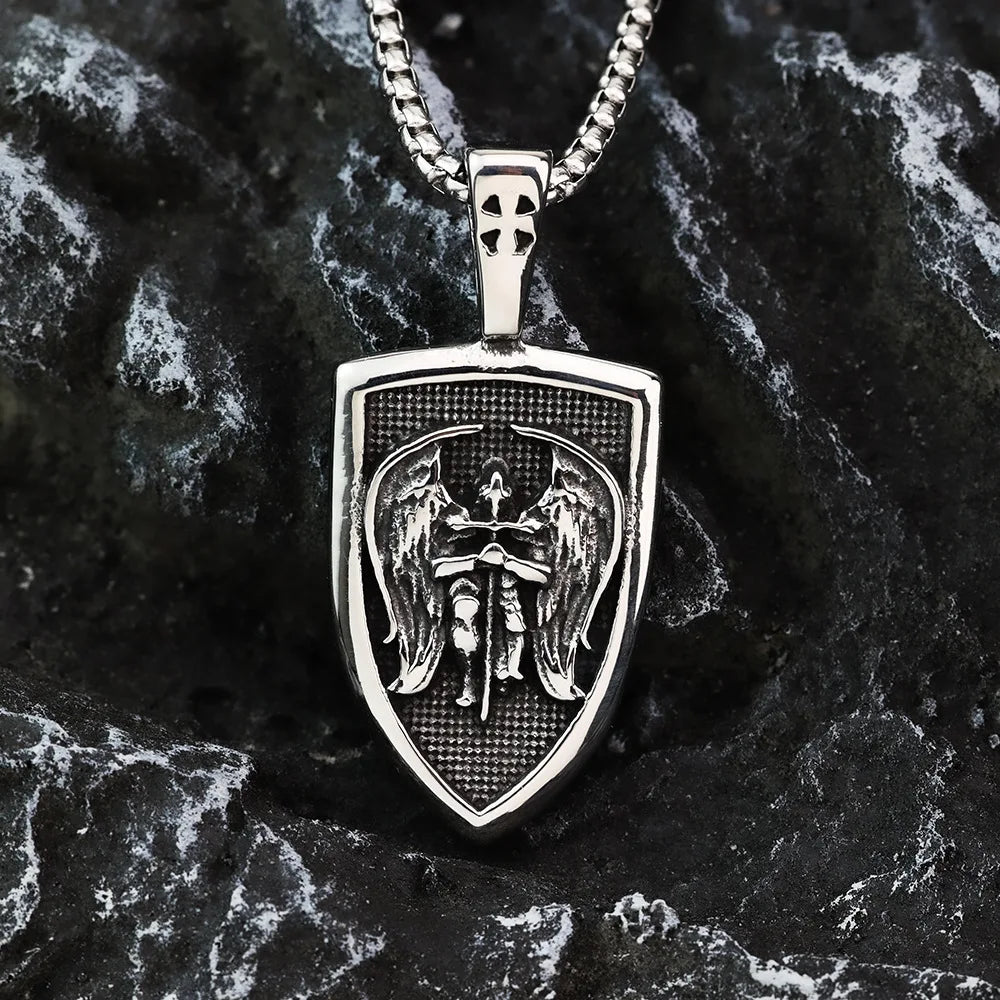 316L Steel Archangel Pendant - St Michael Necklace for Men, Catholic Amulet Jewelry, Vintage Baptism Gift Religious Accessories