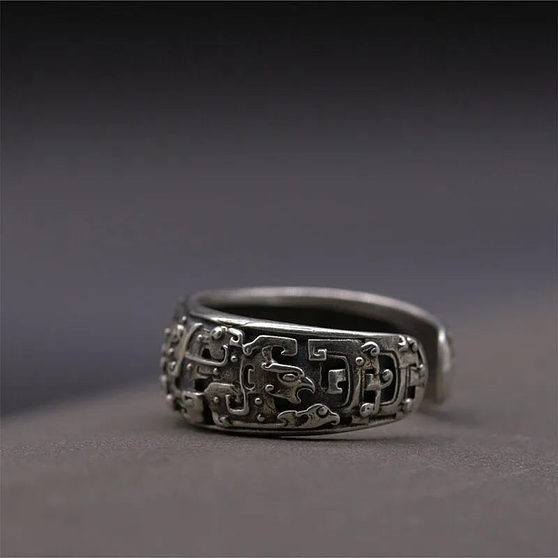 Retro Taotie Chinese Mythology Ring For Men Silver Color Punk Gothic Adjustable Ring Unisex Jewelry Accessories Gift