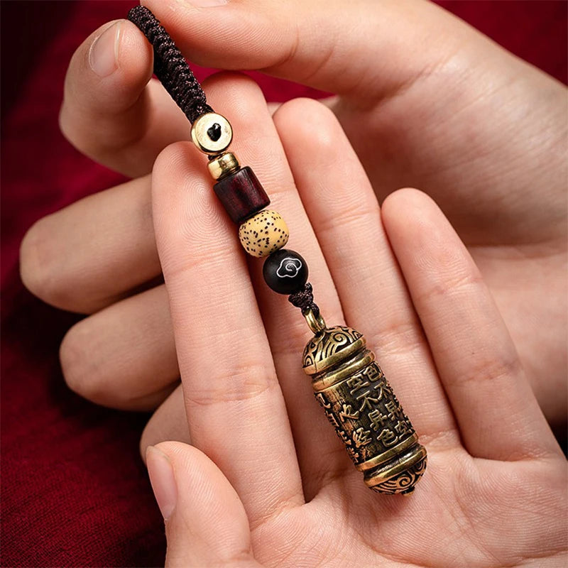 1Pcs Vintage Hollow Brass Buddha Bottle Sutra Cylinder Pendant Car Keychain Lucky Hangings Leather Bag Lanyard Key Ring