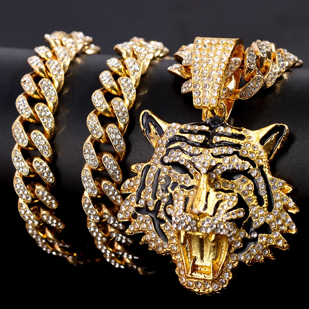 Iced Out Tiger Head Cuban Pendant — Gold