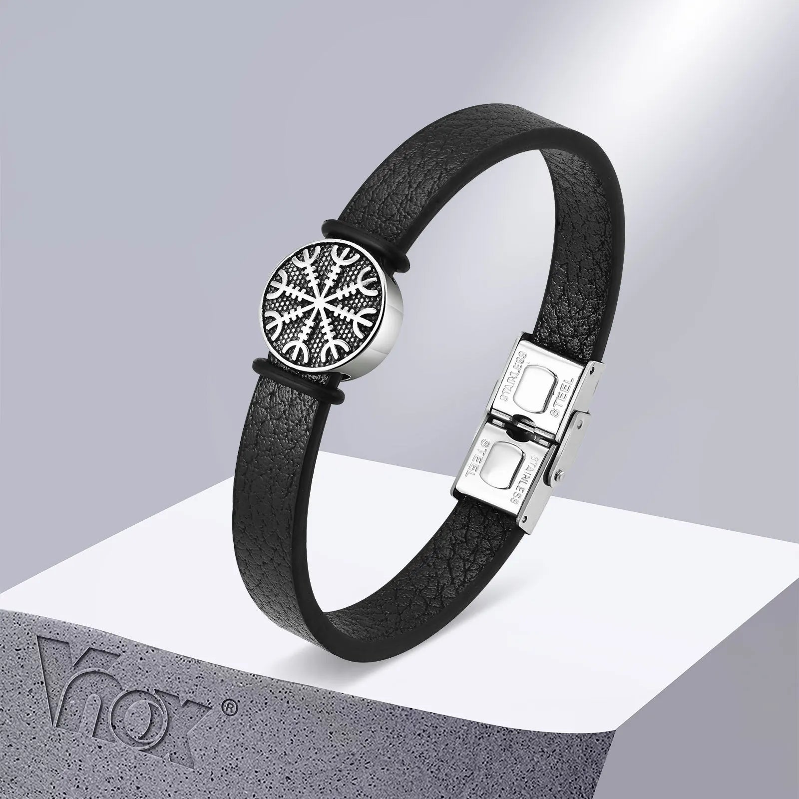Vnox Norse Viking Compass Charm Bracelets for Men, Black PU Leather Bangle, Protective Amulet Jewelry