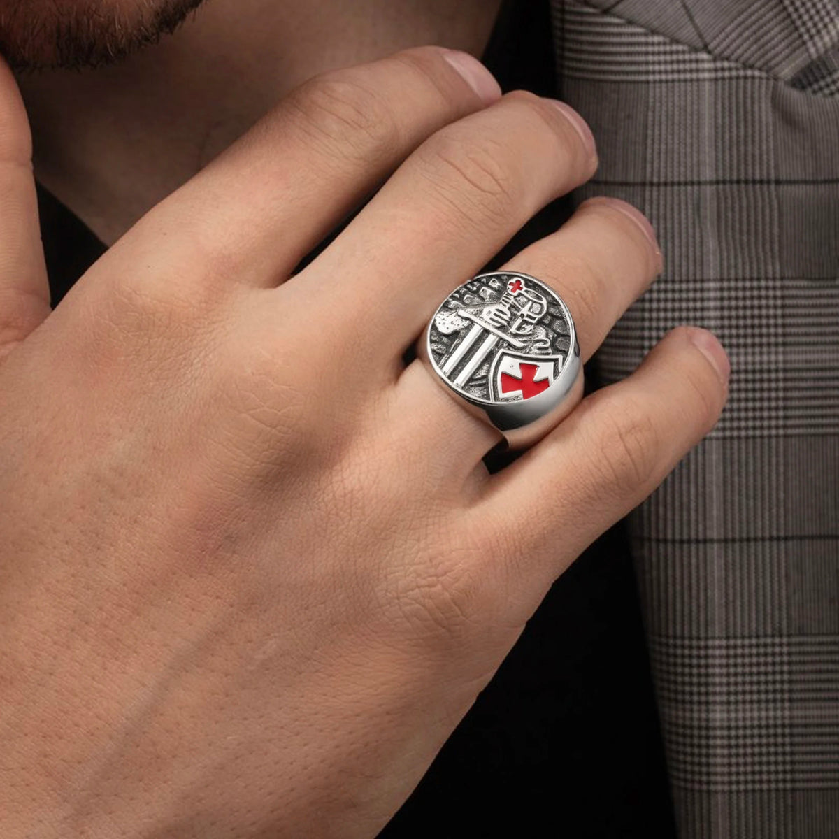 Templar Red Cross Signet Ring — Stainless Steel