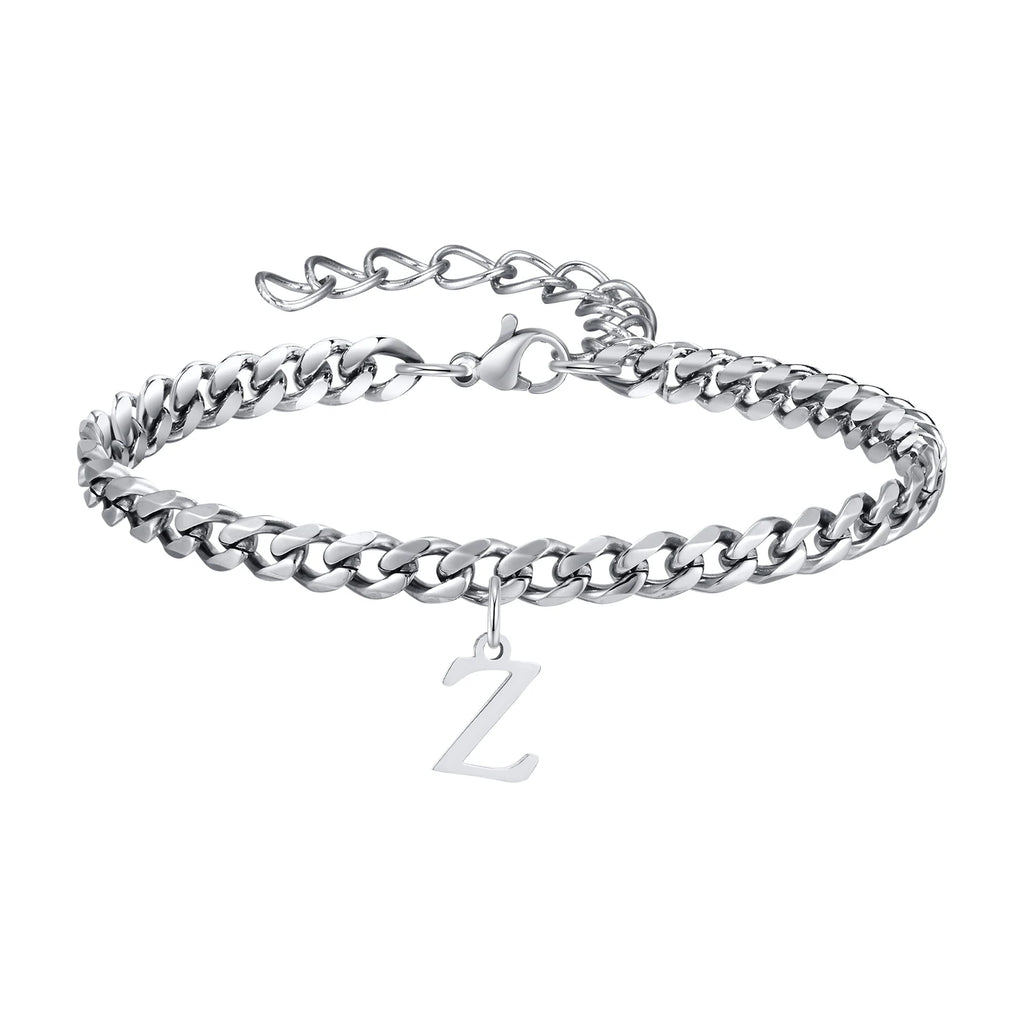 Vnox A-Z Initial Bracelets for Men Women, Never Fade Silver Color Stainless Steel Cuban Chain Bracelet with 26 Letter