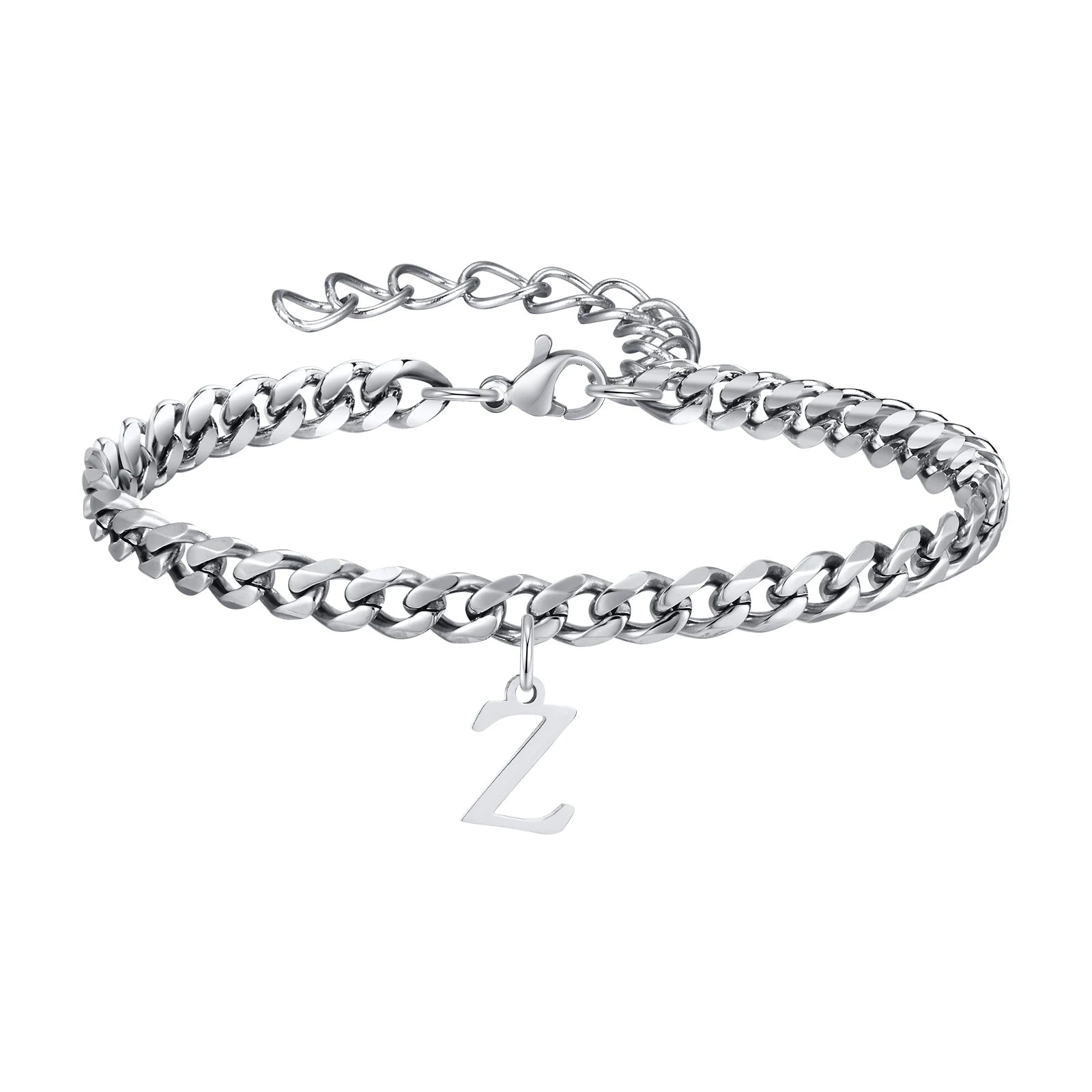 Vnox A-Z Initial Bracelets for Men Women, Never Fade Silver Color Stainless Steel Cuban Chain Bracelet with 26 Letter