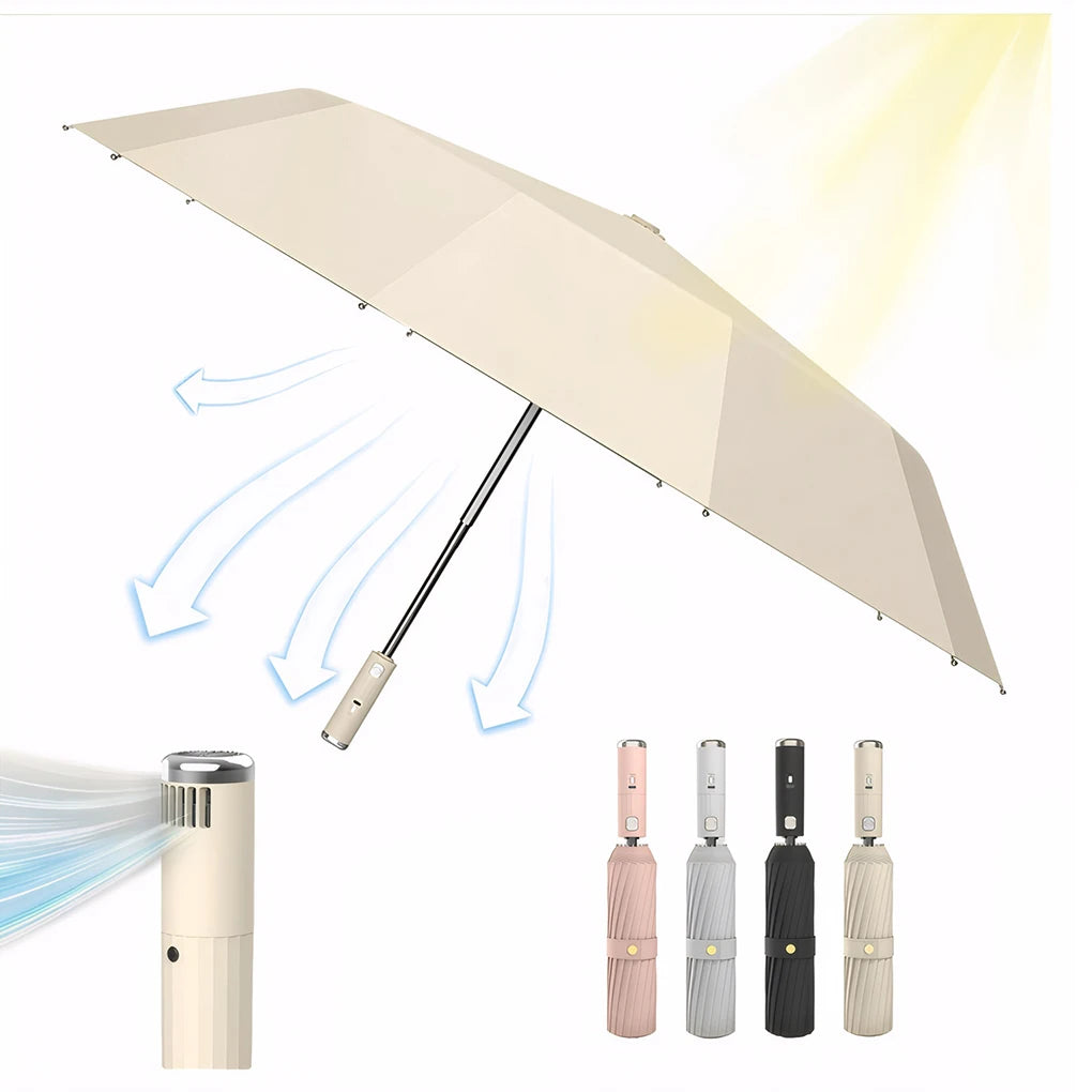3 in 1 Sun Protection Umbrella with Fan USB Rechargeable Automatic Folding UV Umbrella Portable Sun Travel Umbrella for