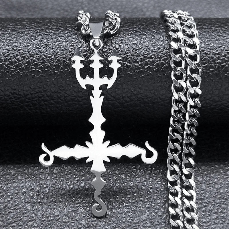 666 Inverted Cross Trident Necklace — Silver