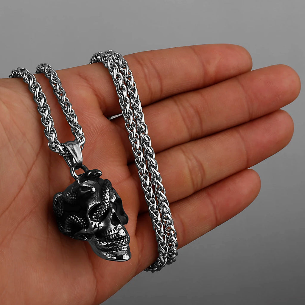 Snake Skull Pendant Necklace — Black Stainless Steel