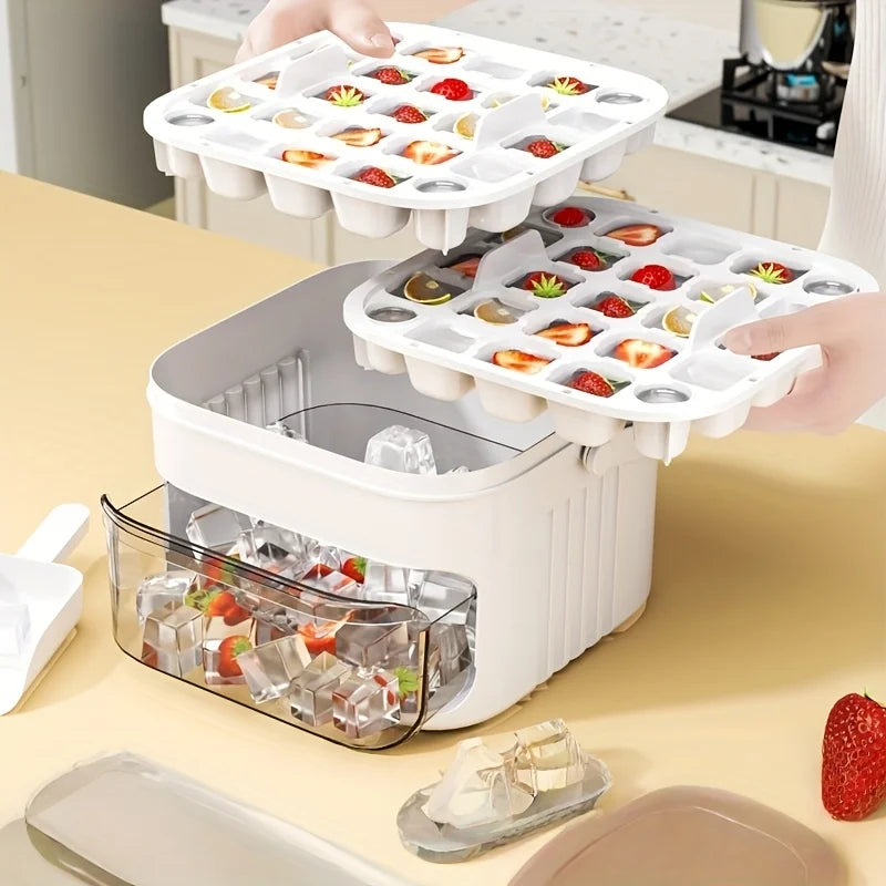 Compact Double Layer Ice Cube Tray with Lid and Bin, Pull-Out Ice Drawer with Portable Handle, Kitchen Accessories