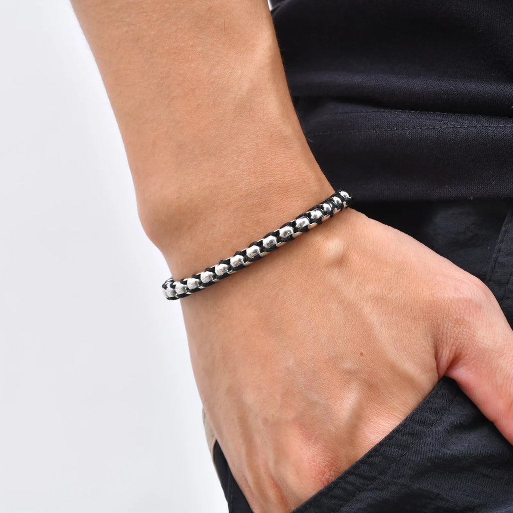 Braided Black Rope Bracelet — Stainless Steel