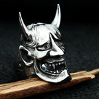 Mens Gothic Prajna Mask Ring Stainless Steel Japanese Samurai Skull Rings for Men Women Fashion Biker Jewelry Gift