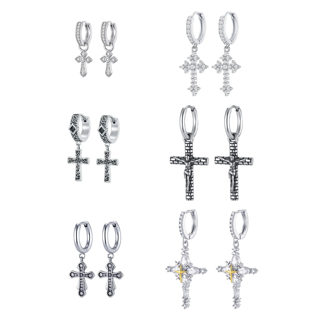 Jesus Cross Textured Dangle Earrings — Stainless Steel