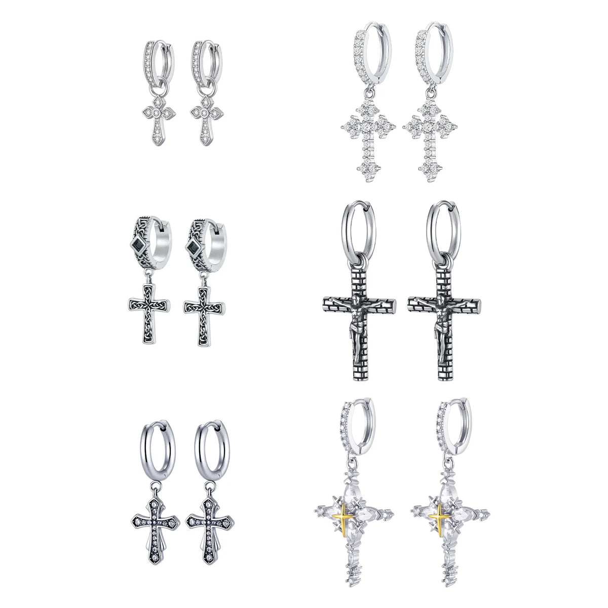 Jesus Cross Textured Dangle Earrings — Stainless Steel
