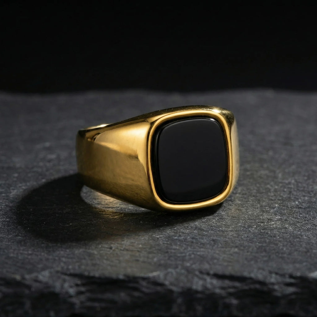 Stylish Black Stone Rings for Men Boys,Waterproof Stainless Steel Geometric Square Ring Signet Ring,Jewelry Gifts for
