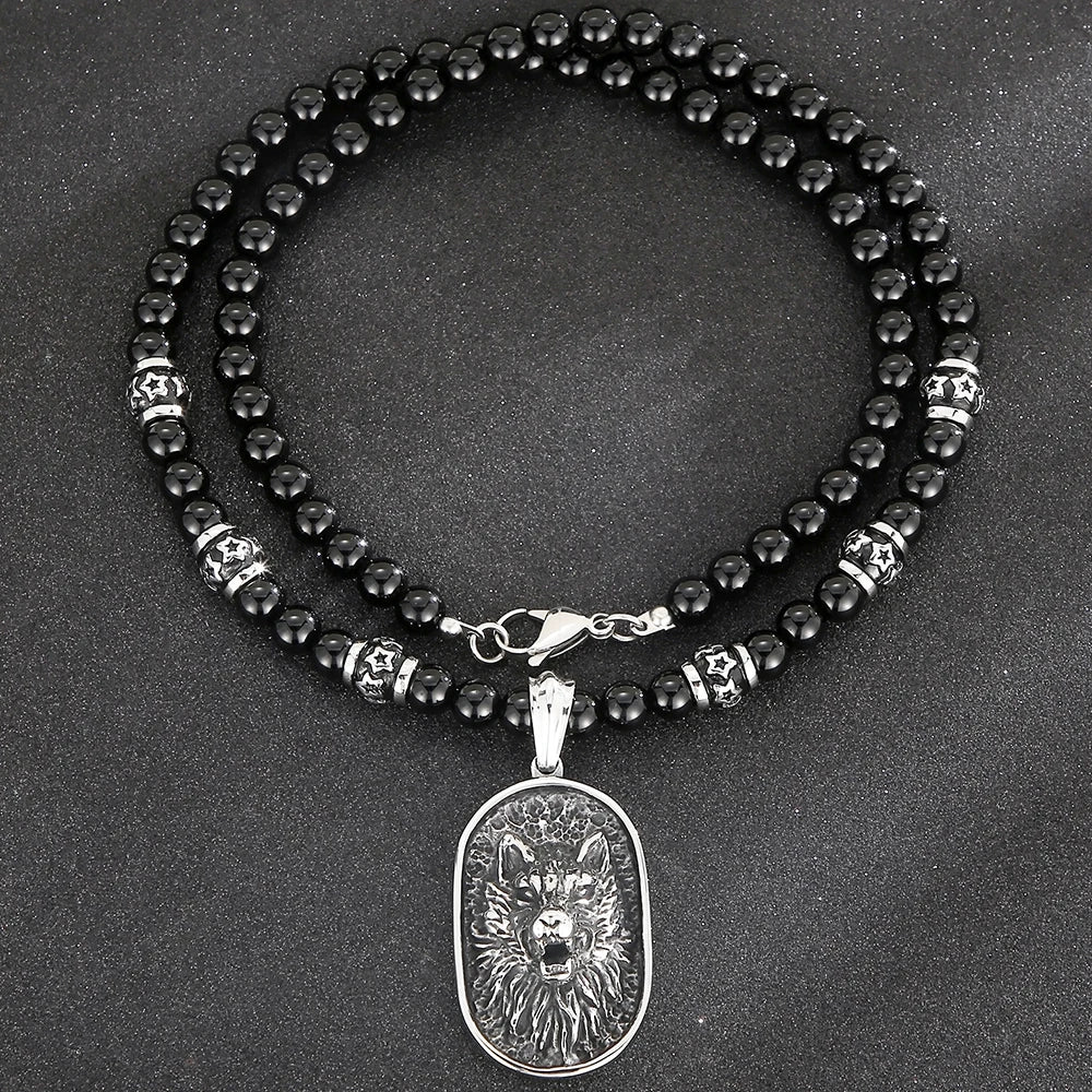 Men's Steampunk Dragon Wolf Head Pendant Necklace For Men Man 8MM Width 70CM Long Agate Stone Bead Chain Stainless