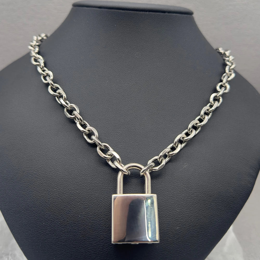 Punk Solid Stainless Steel Chain Oversized Padlock Necklace Women Mens Unisex Chunky Heavy Lock Key Necklace Handmade Jewelry