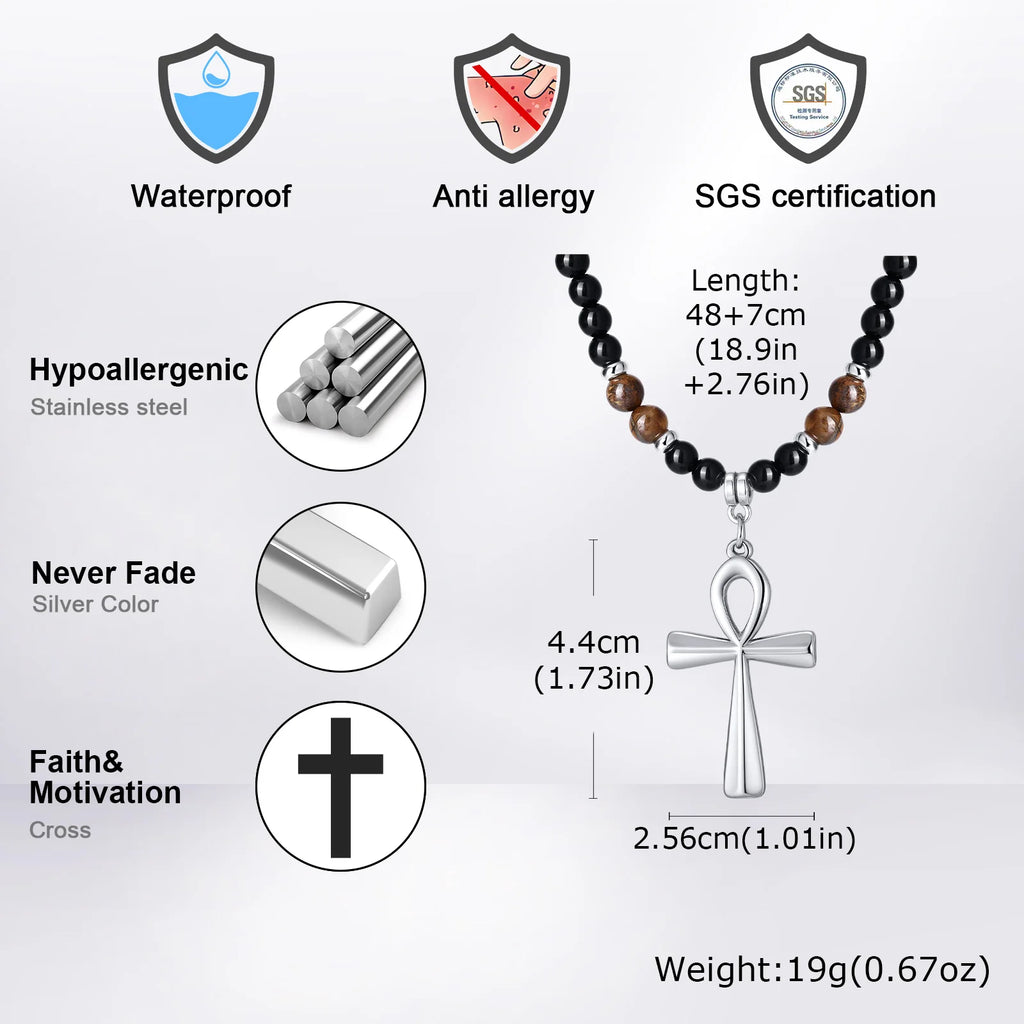 Fashion Stainless Steel Anka Cross Pendant Necklace, Natural Tiger Eye Stone Beaded Chain Necklace, Trendy Punk Jewelry